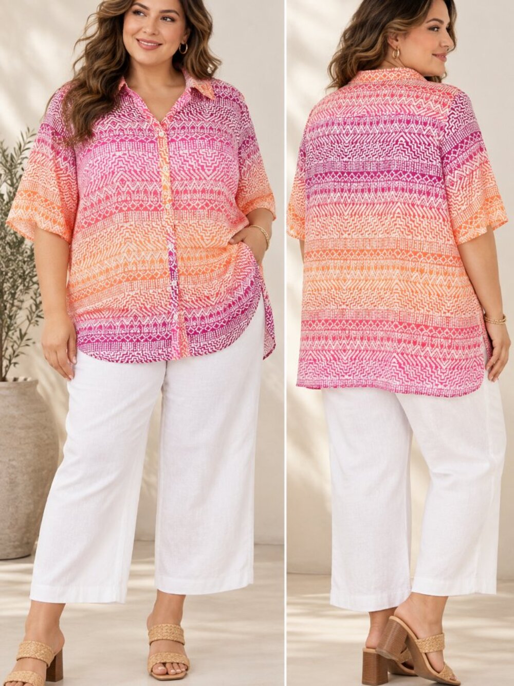 Catherines Plus Size 4X Pink Orange Geometric Button Front Blouse
